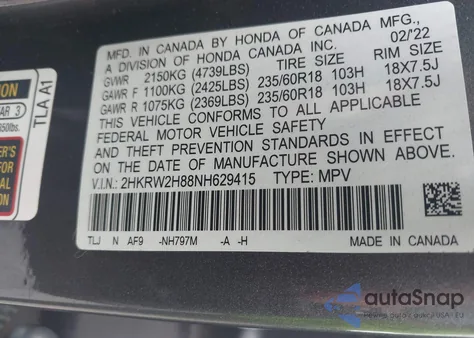 2022 Honda Cr-V Awd Ex-L from USA, damaged, VIN 2HKRW2H88NH629415